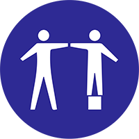 Dark blue circle with people reaching toward each other icon inside