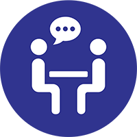 Royal blue circle with people talking at a table icon inside