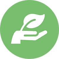 Green circle with hand holding leaf icon inside